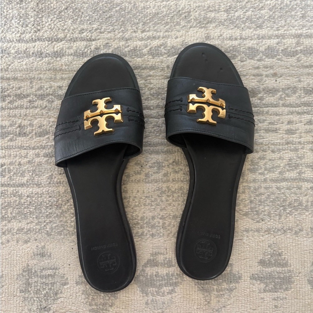 Tory Burch Black and Gold Sandals with Iconic Logo